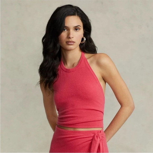 Polo Ralph Lauren Dark Pink Cashmere Halter Sweater Top Medium Cropped Beach - Picture 1 of 8